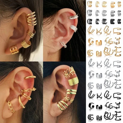 Silver Color Leaves Clip Earrings for Women Men Creative Simple C Ear Cuff Non-Piercing Ear Ear Clip Set Trend Jewelry Gift