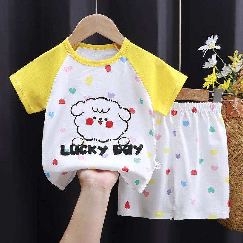 New Boys Summer Clothing Set Full Bear Print Cotton Short Sleeve T-shirts and Shorts 2PCS Breathable Outfit For Girls