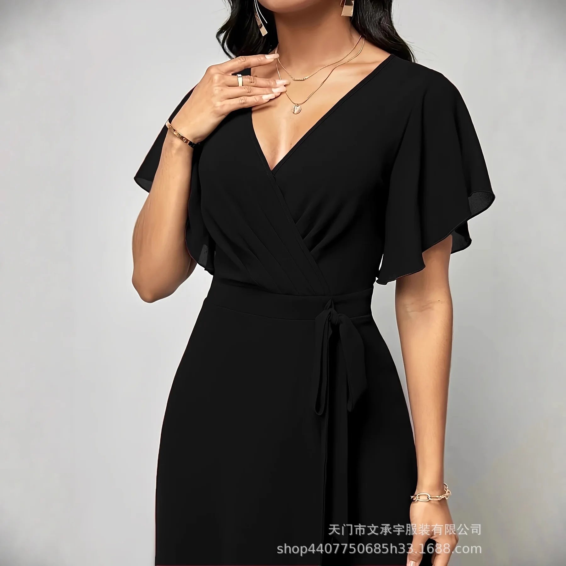 Women's New Solid V Neck Flutter Sleeve Tie Waist Split Wide Leg Jumpsuit Elegant Slimming Versatile Party Daily Casual Jumpsuit