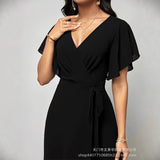 Women's New Solid V Neck Flutter Sleeve Tie Waist Split Wide Leg Jumpsuit Elegant Slimming Versatile Party Daily Casual Jumpsuit