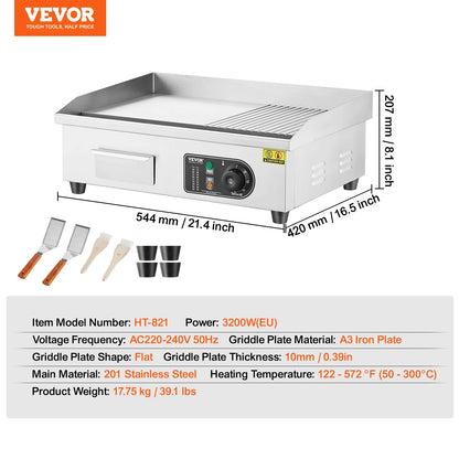 VEVOR Electric Countertop Griddle 14"-22" Teppanyaki Grill 1600W/3200W Stainless Steel Flat Top Grills for Pancake Chicken