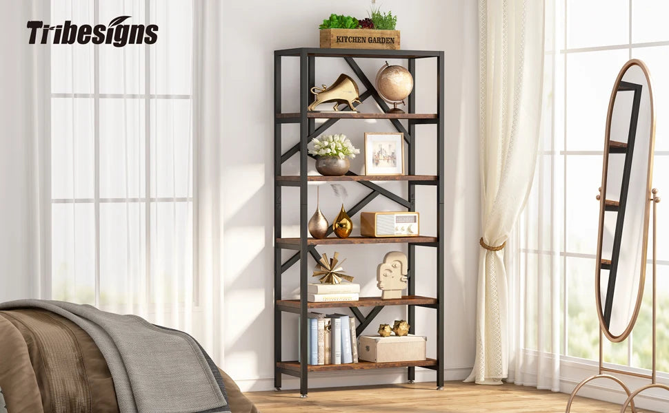 Tribesigns Bookshelf Storage Rack Standing Shelf 5 Tier Industrial Sturdy Bookshelf with Iron Pipe Frame