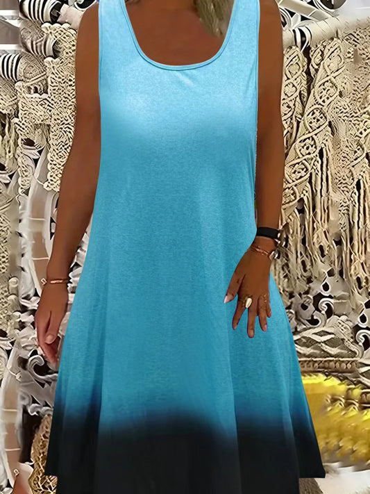 Vestido informal de talla grande con cuello redondo y degradado para mujer, ideal para salidas de verano. 