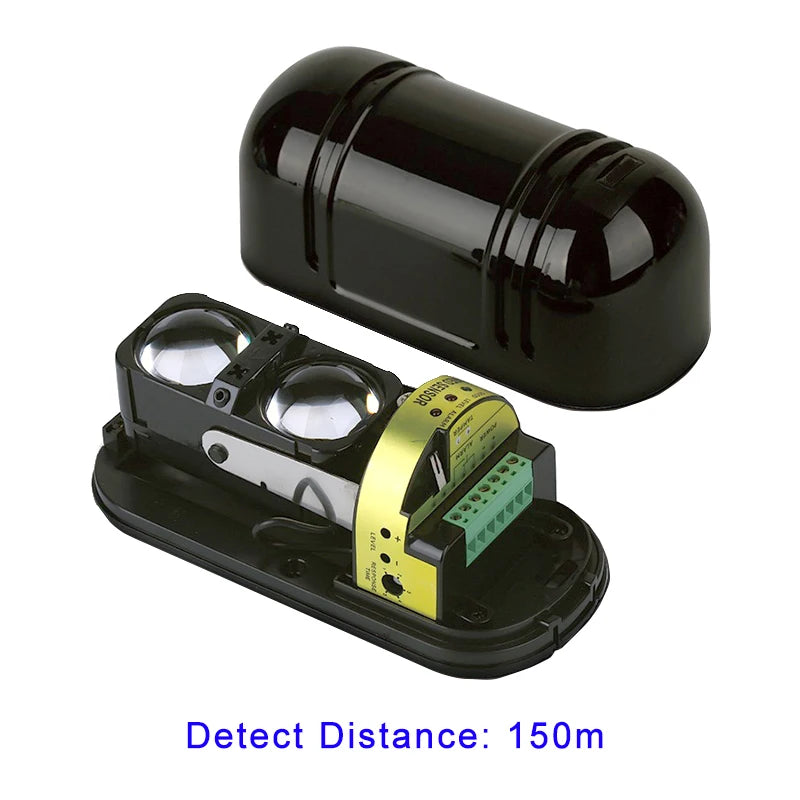 Detector de infrarrojos antilluvia de dos haces con alarma y sensor, distancia de detección de 150 m para seguridad en exteriores.