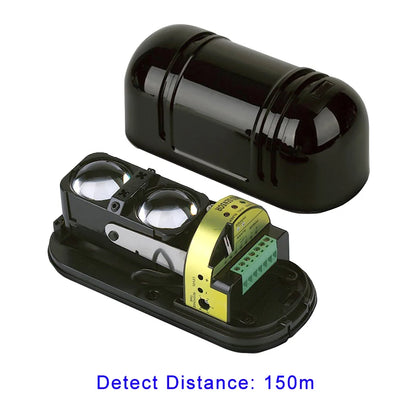 Detector de infrarrojos antilluvia de dos haces con alarma y sensor, distancia de detección de 150 m para seguridad en exteriores.