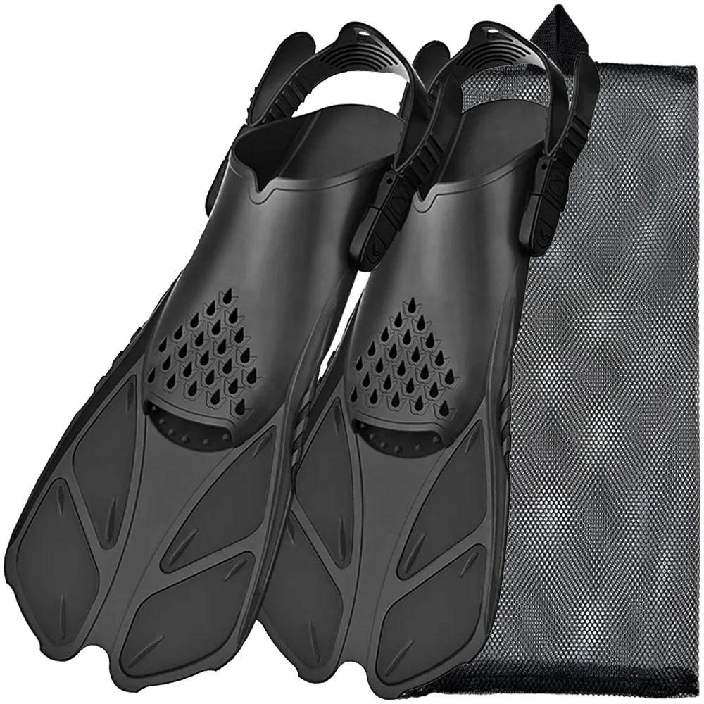 Aletas de snorkel con hebillas ajustables, aletas de natación cortas de silicona, zapatos de buceo con tacón abierto, talla de viaje, para adultos, hombres y mujeres