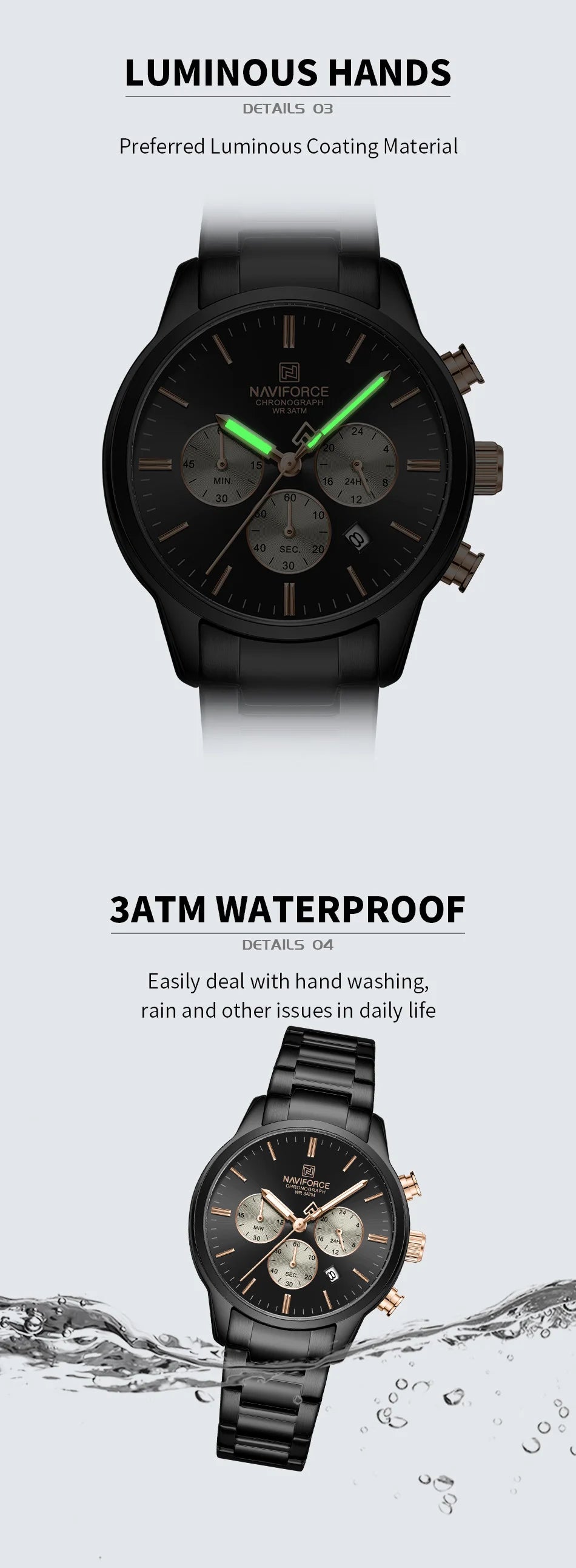 NAVIFORCE NF8076 Sports Watches for Men Stainless Steel Strap Quartz 3ATM Waterproof Shockproof New Fashionable Watch