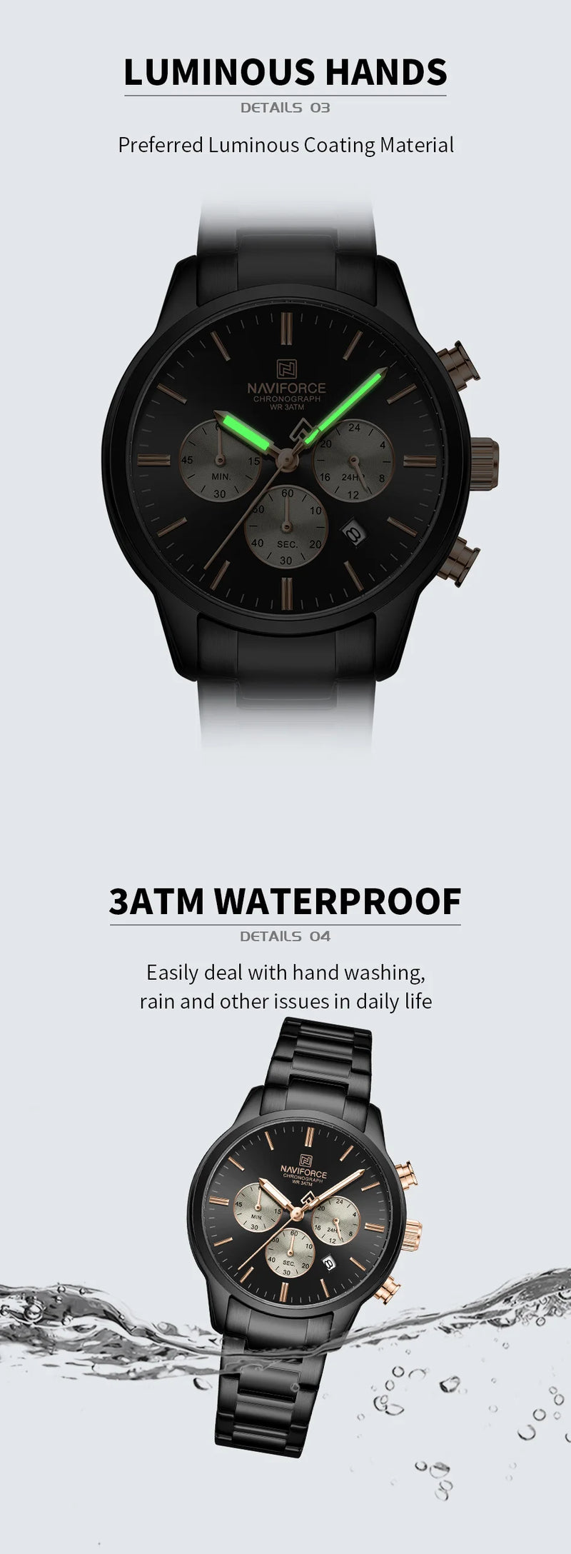 NAVIFORCE NF8076 Sports Watches for Men Stainless Strap Quartz 3ATM Waterproof Shockproof New Fashionable Clock