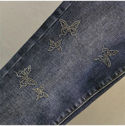 Pantalones vaqueros de cintura alta para mujer, versión coreana, elásticos, con diamantes de imitación, primavera y verano de 2024