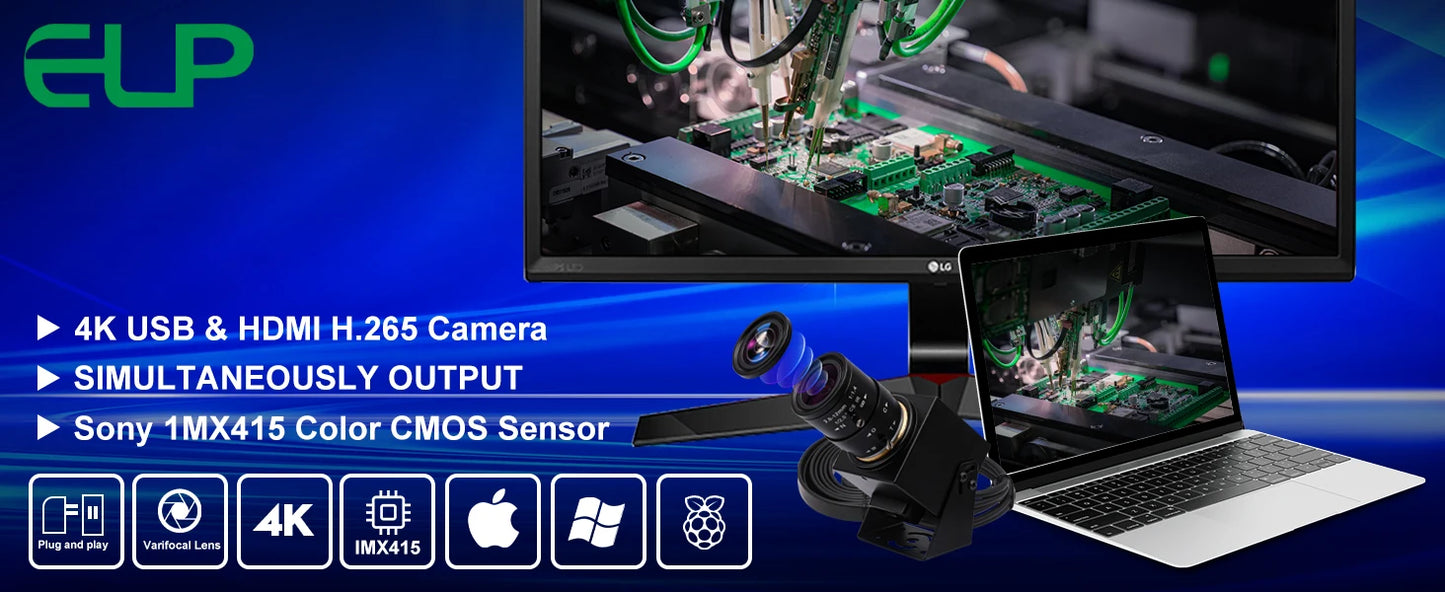 ELP 4K HDMI Camera H.264 Video Conference USB Camera with 2.8-12mm Manual Zoom Lens IMX415 Industrial CCTV Camera for Windows