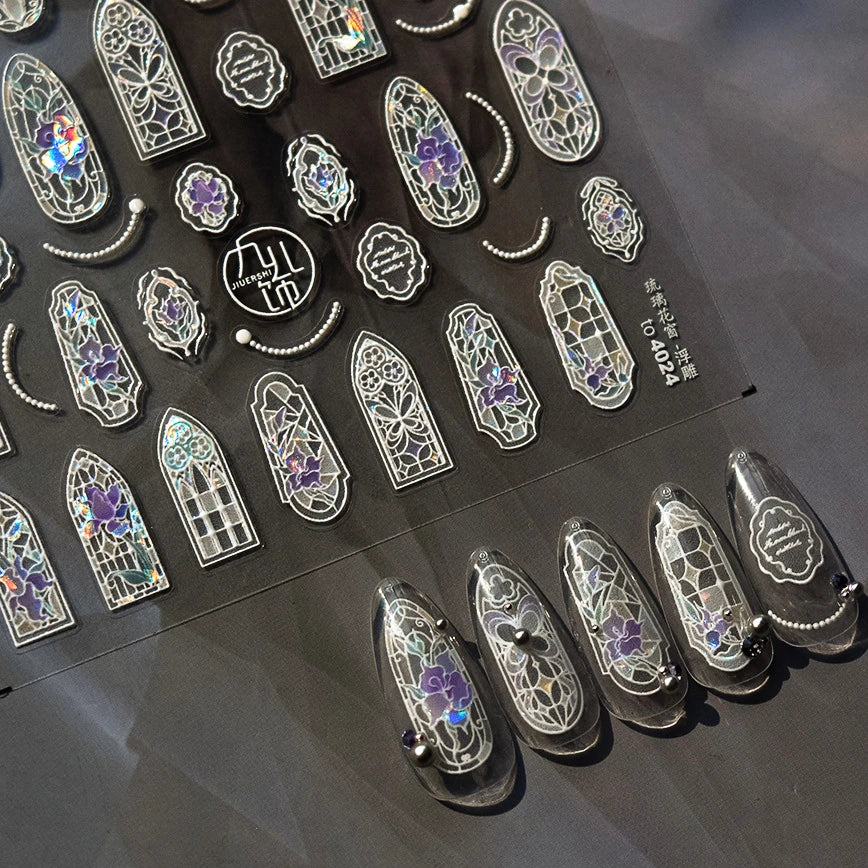 Flash Dreamy Chinese Flower Window Butterfly Glazed Rococo Geometric Frame Stamp Embossed Relief Nail Art Sticker Manicure Decal