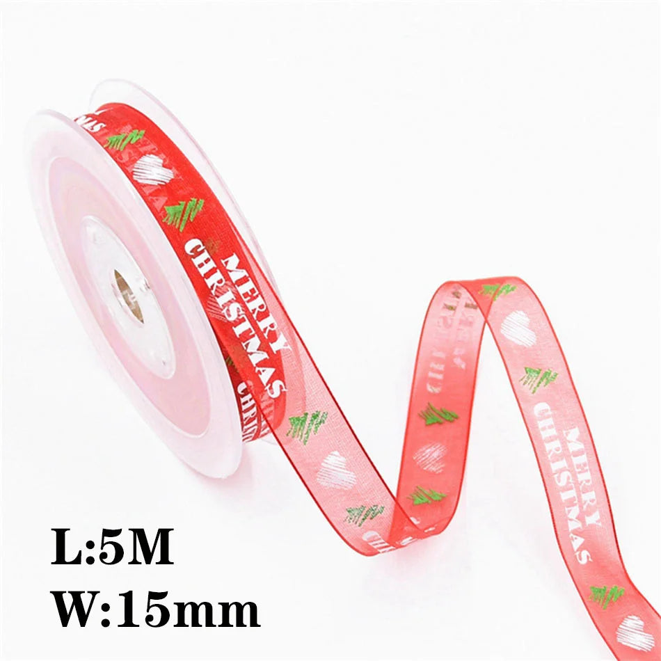 5M 10mm 15mm 25mm Christmas Satin Ribbons Crafts DIY Tape Wedding Gift Bows Natural Organza Ribbon Sewing Clothing Decoration