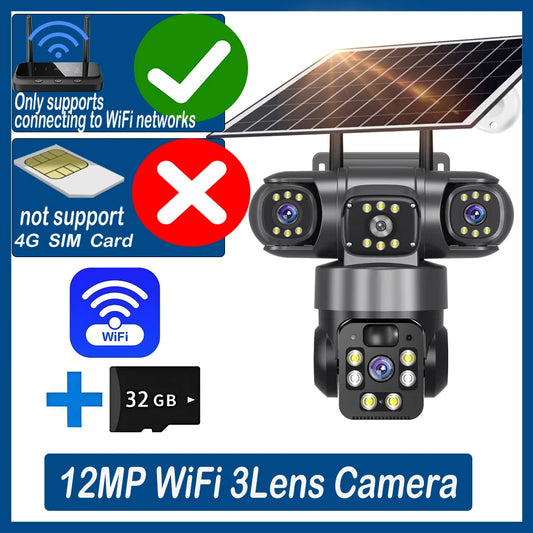 12MP 6K 3 Lens 3 Screen 4G Outdoor Solar Camera Wireless WiFi IP Cameras PIR Auto Tracking Solar Security CCTV Surveillance Cam