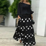 Traje elegante de otoño con estampado de moda para mujer, dos piezas, informal, de un solo cuello, hombros descubiertos, manga larga, color liso, top holgado, culotte