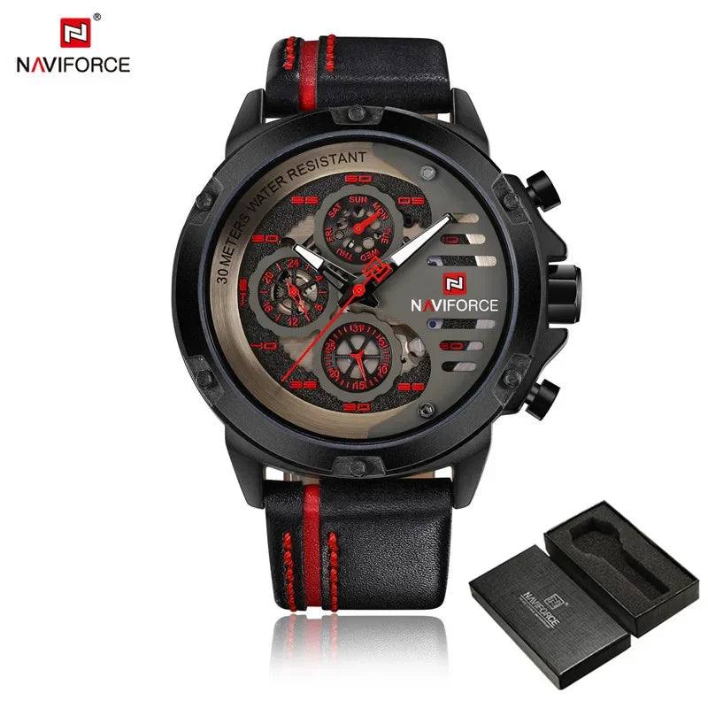 NAVIFORCE Men Watch Sport Man Wristwatch Top Brand Luxury Gold Military Date Week Genuine Leather Quartz Male Clock Gift 9110