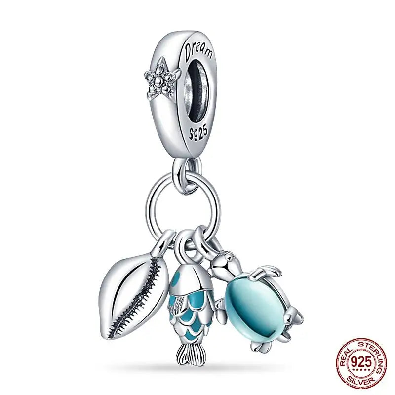 Ocean Series - Original Genuine 925 Sterling Silver Turtle Crab Mermaid Charm Beads Suitable for 3mm Bracelet DIY Making Pendant