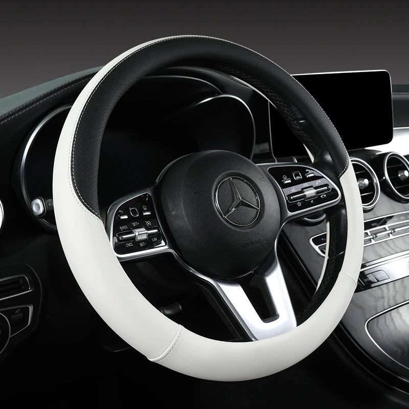 Perforated Nappa Leather Car Steering Wheel Cover Warm in Winter and Cool in Summer, Universal 15 Inch,  Anti-Slip, Odorless