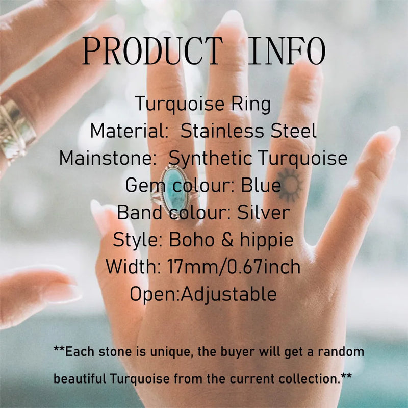 1pc Boho Turquoise Ring Stainless Steel Black Stone Silver Color Adjustable Ring Women Ethnic Ring Bohemian Jewelry Gift No Fade