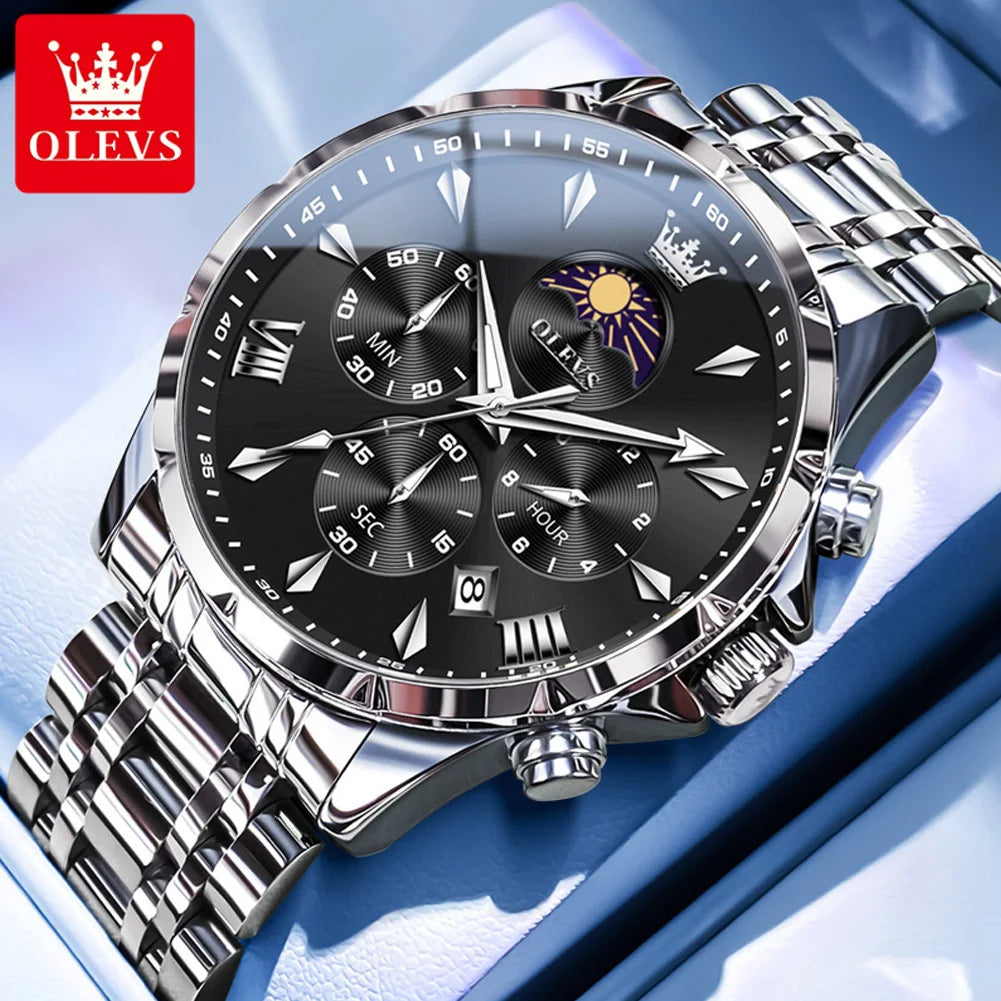 OLEVS 3653 Mens Watch Quartz Watch Multifunctional Chronograph Watch For Men 30M Waterproof Luminous Moon Phase Box Original