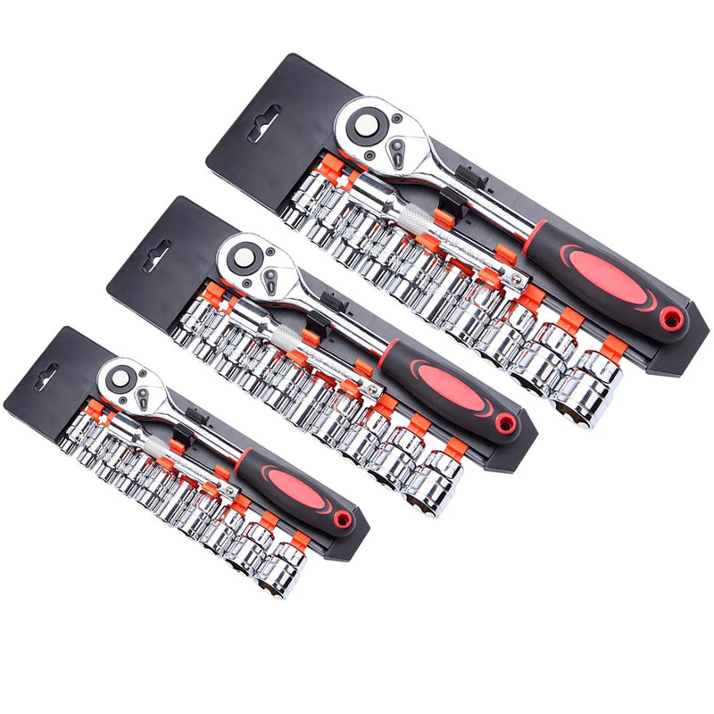 12pcs Socket Ratchet Handle Wrench Set 1/4 3/8 1/2 Spanner Kit With Extension Rod and 10 Common Sockets Car Repair Hand Tools