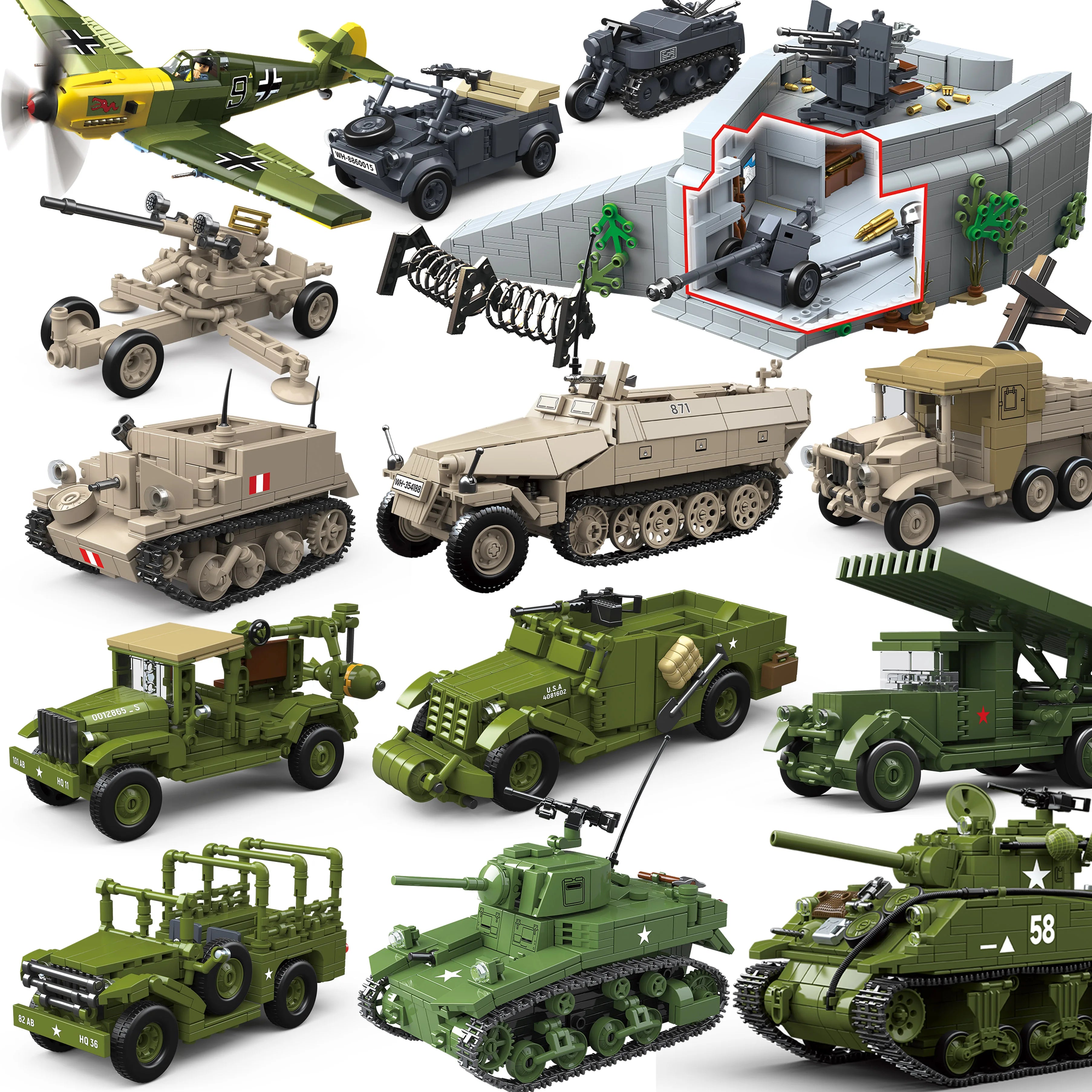 Military WW2 Tanks Tiger Sherman T34 Panzer Vehicle Airplane Army Soldier Weapons Model Building Block Brick Children Kids Toys