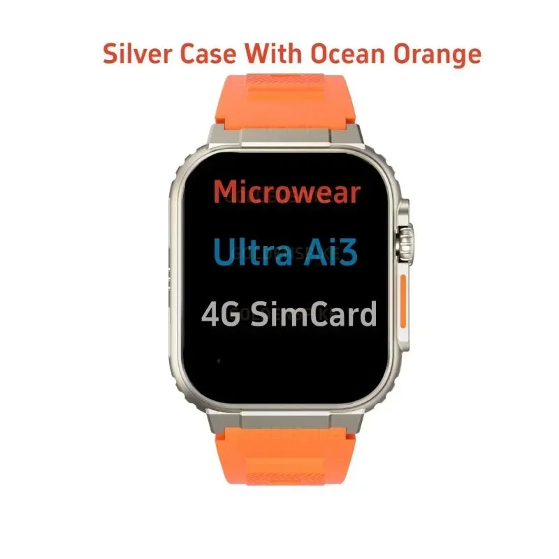 Microwear Ultra Ai3 Smartwatch: 4G SIM Card Android 2.2'' Amoled, AI Health Monitoring, 180° Rotary Camera, 256GB Storage