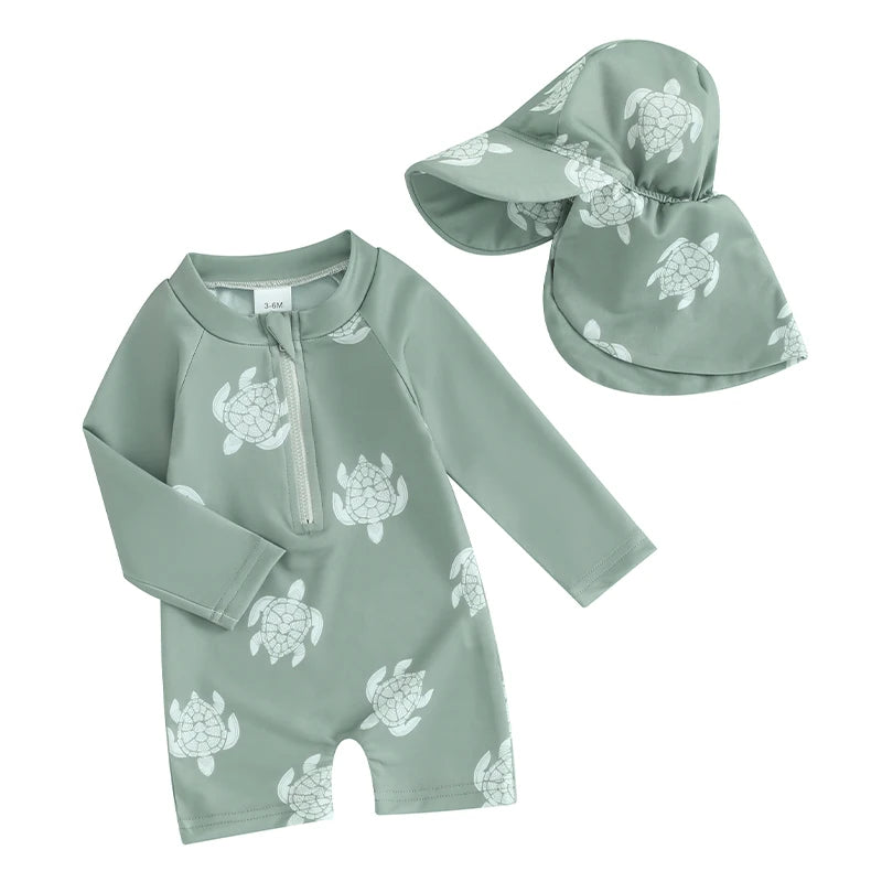 Tregren Toddler Boys Rash Guard Swimsuit Long Sleeve Turtle/Dinosaur Print Infant Bathing Suit Swimwear with Swim Caps Beachwear