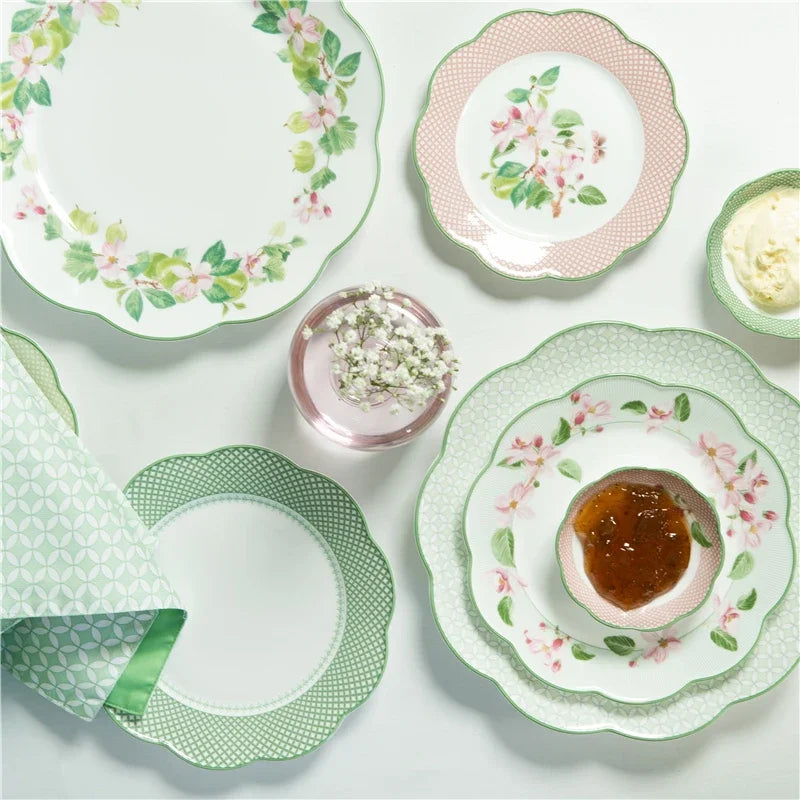 Ceramic Plate Household Bone China Dinner Plate Set Vintage Green Flower Dishes Tableware Oval Large Tray Dinnerware Sets