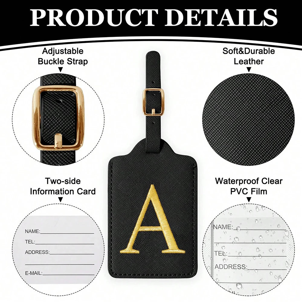 PU Leather Luggage Tag for Travel - Durable Suitcase ID Tag with Privacy Cover & Name Card Slot (A-Z) liu
