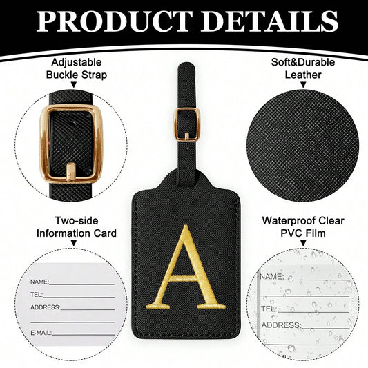 PU Leather Luggage Tag for Travel - Durable Suitcase ID Tag with Privacy Cover & Name Card Slot (A-Z) liu