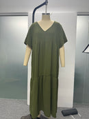 Plus Size 2025 Summer New V-neck Short Sleeve Pleated Solid Colour Loose Casual Midi Dress Basic Hem Pleated