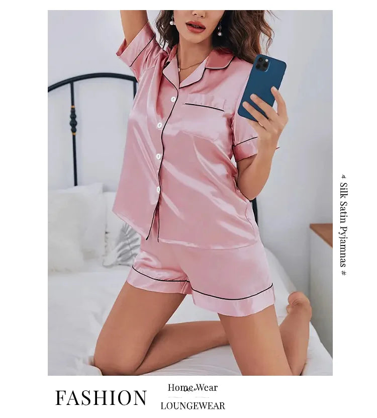 Conjunto de pijama de satén de seda para mujer, conjunto de pijama de dos piezas, ropa de dormir, pijama con botones, pijama de mujer de 2 piezas, conjunto de pantalones cortos para estar en casa