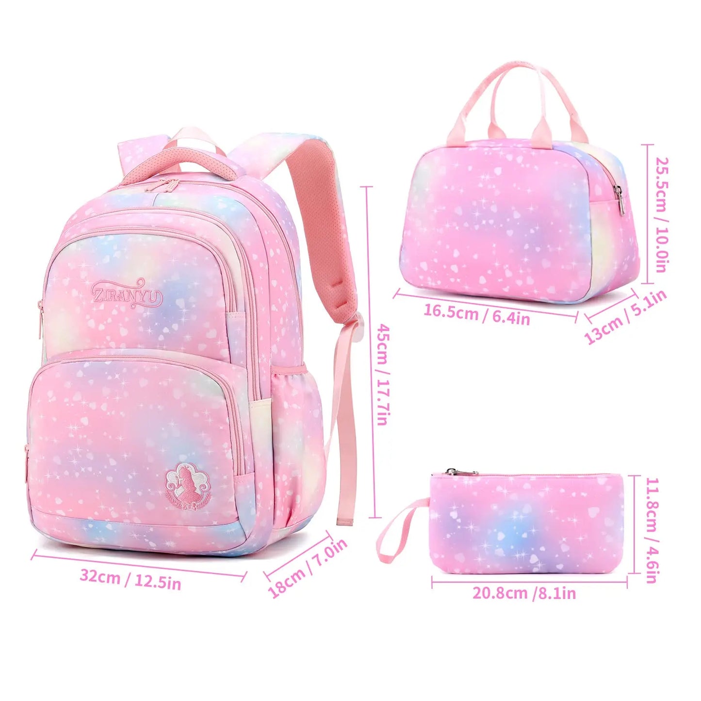 School Backpack Girls 3 Pieces with Lunch Bag Pencil Case 22 Litre Breathable School Bag Teenager Girls for 3-9 Grades Backpack