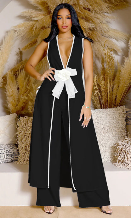 Two Piece Set Women Tracksuit Spliced Vest Pant Sets Elegant High Street Work Ankle Length Wide Leg Pants Loose Matching Sets