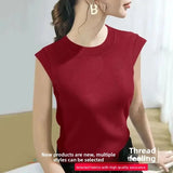 Summer Ice Silk Loose Fashionable Simple Pure Color round Neck Fly Sleeve T Shirt Women Short Sleeve Simple Style Crew Neck