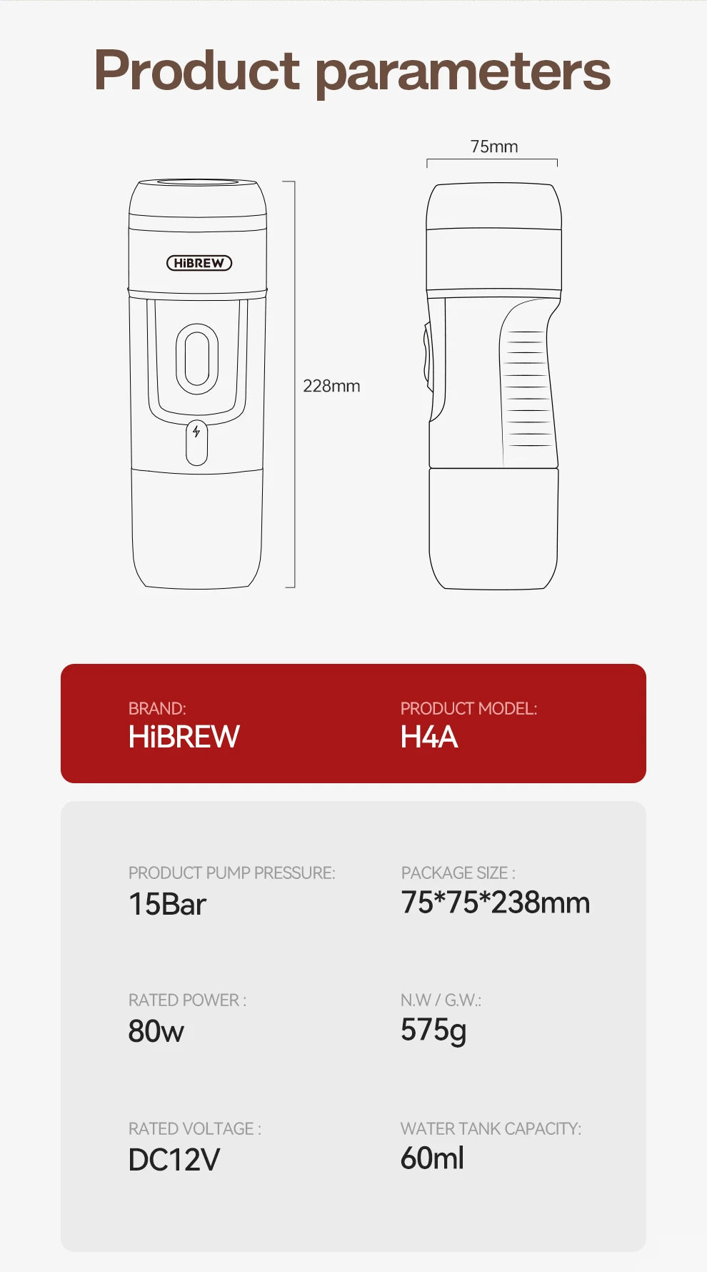 HiBREW Portable Coffee Machine for Car & Home, DC12V Espresso Coffee Maker Fit Nespresso Dolce Pod Capsule Coffee Powder H4A