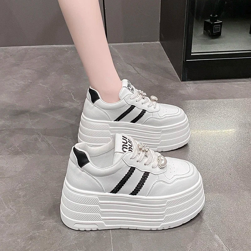 8cm Leather Flats Casual Dad Shoes Chunky Sneakers 2025 Women Platform Sports Shoes Ladies Skateboard Hidden Heels Shoes Tennis