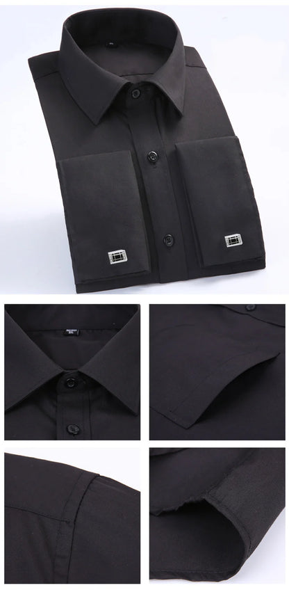 Camisa clásica de vestir para hombre con puños franceses, corte estándar, manga larga, para bodas, fiestas, oficina, trabajo, color blanco