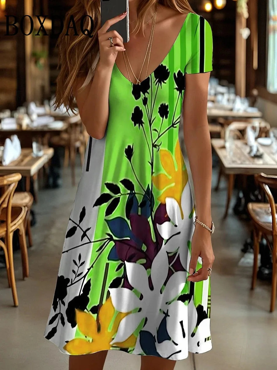 Casual Plant Flower 3D Print Dresses For Women 2025 Summer Retro Short Sleeve V-Neck Midi Dress Fashion Loose Plus Size Clothing