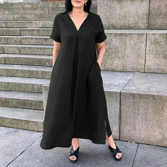 Vestido de manga curta de algodão e cânhamo feminino, decote em v, monocromático, casual, solto, grande, primavera, verão, moda, plus size, L a 5XL