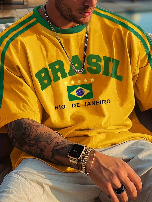 2025 Summer New Five-Star Brazil Print T-Shirt For Men Short Sleeve O-Neck Tees Vintage Casual Sports Mesh Jersey Oversized Tops