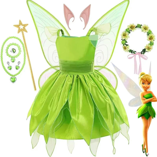 Girls Disney Party Dresses Fairy Tiana Costume for Girl Tinkerbell Children Clothing Princess Elf Birthday Ball Gown Wing Dresse