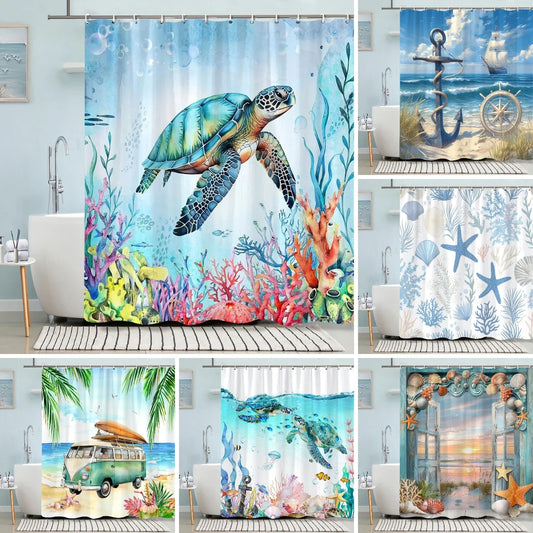 Cortina de ducha de tortuga, ancla de playa de verano, estrellas de mar náuticas, arte de acuarela, cortinas de ducha creativas de poliéster, decoración de baño