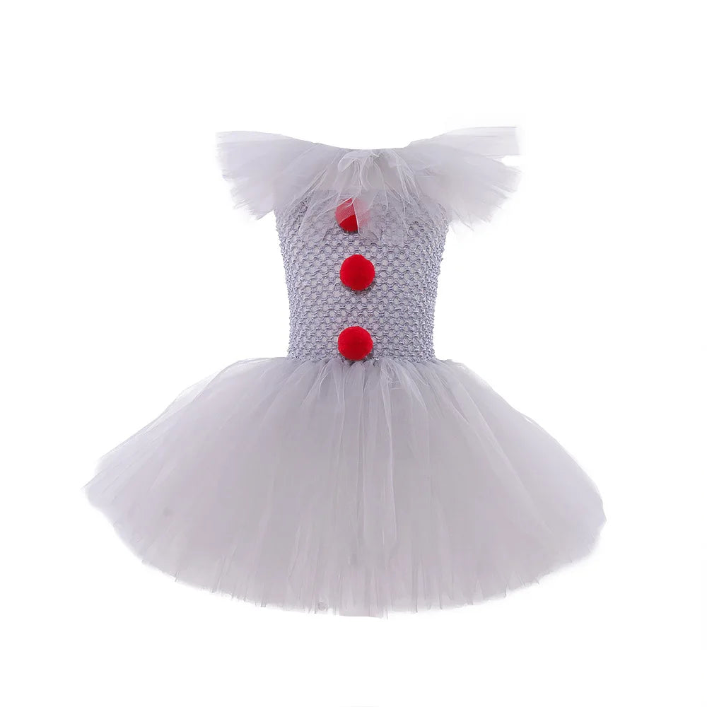 Halloween Costume For Kids Gray Girls Tutu Dress Kids Cosplay Scary Clown Costume Carnival Masquerade Party Dress Up 3-12Y