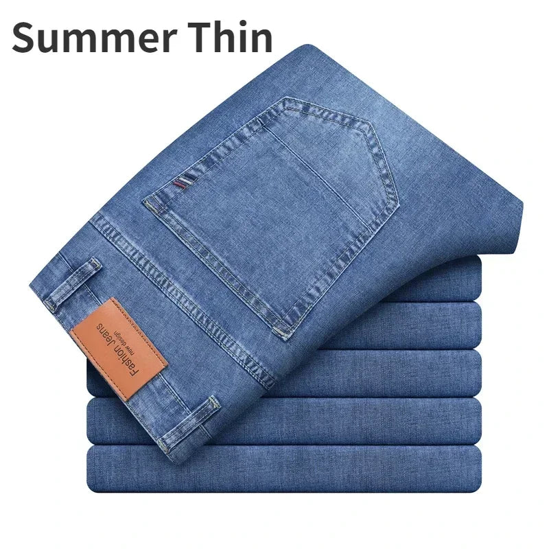 2024 Brand Thin or Thick Material Men's Elastic Cotton Jeans Fashion Gray Comfortable Denim Business Casual High Waist Pants
