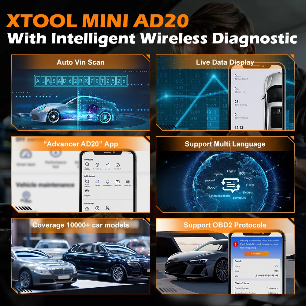 XTOOL Advancer AD20 Mini Bluetooth 5.0 OBD2 Escáner con funciones OBD2 completas Herramienta de diagnóstico de coche Lectura/borrado de códigos de falla Universal