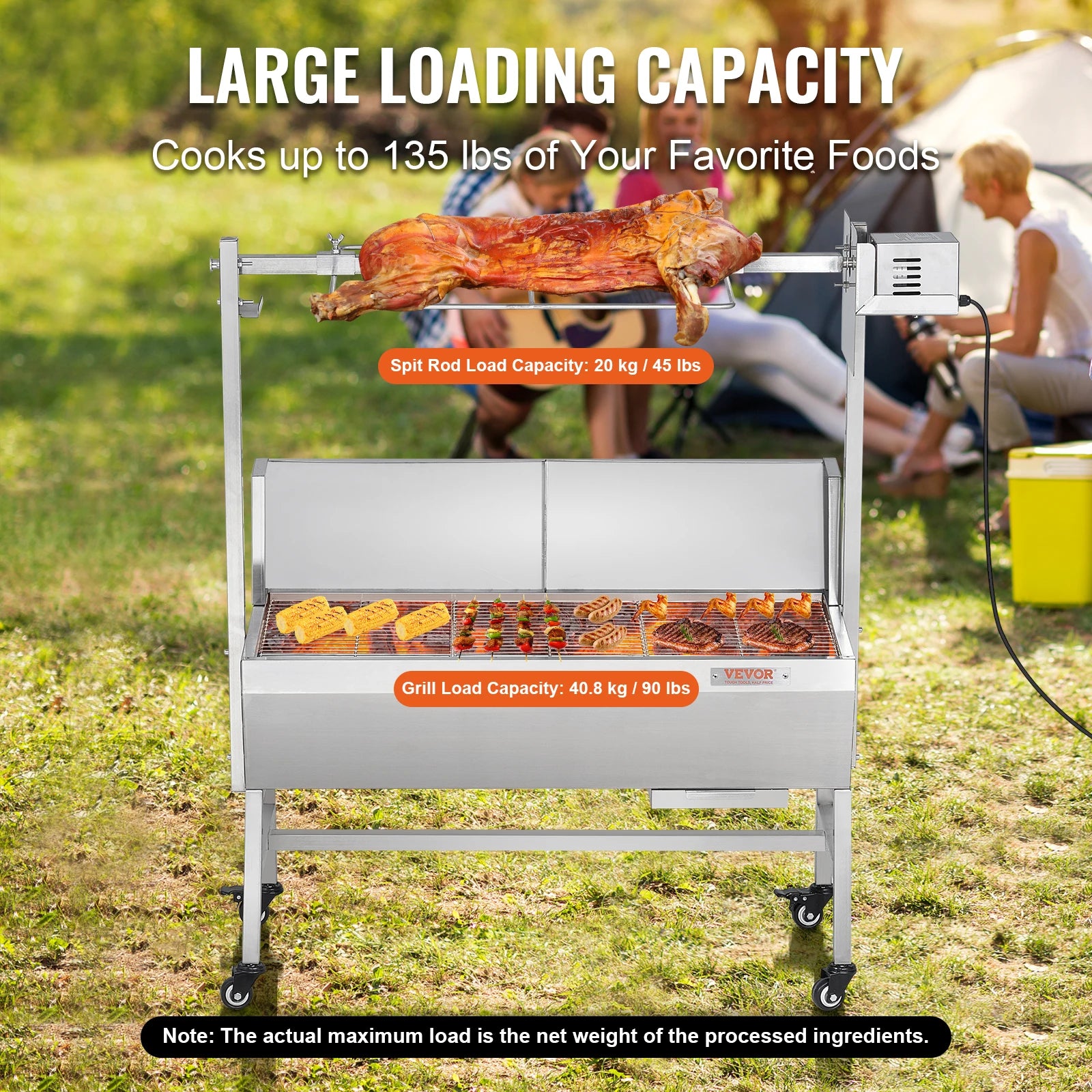 VEVOR-asador eléctrico de 35 pulgadas, asador de carbón con Motor eléctrico, asador de acero inoxidable con ruedas bloqueables para acampar al aire libre