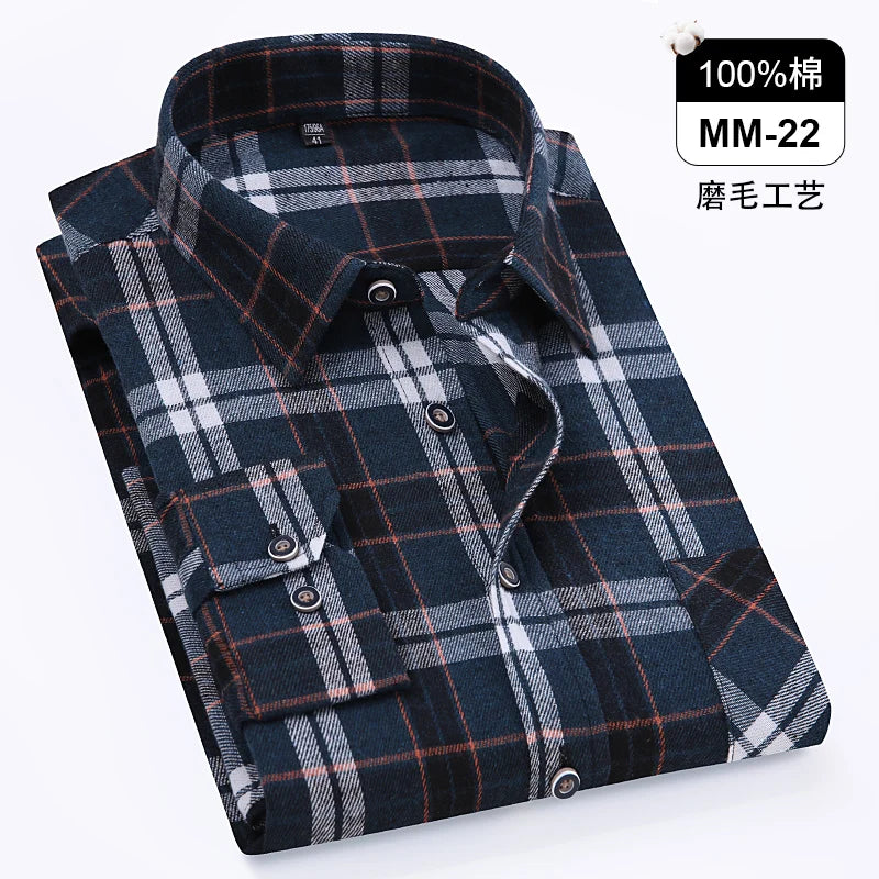 Men Fashion Long Sleeve Brushed Flannel Shirt Single Pocket Comfortable 100% Cotton Casual Slim Fit Button-down Plaid Shirts 8XL