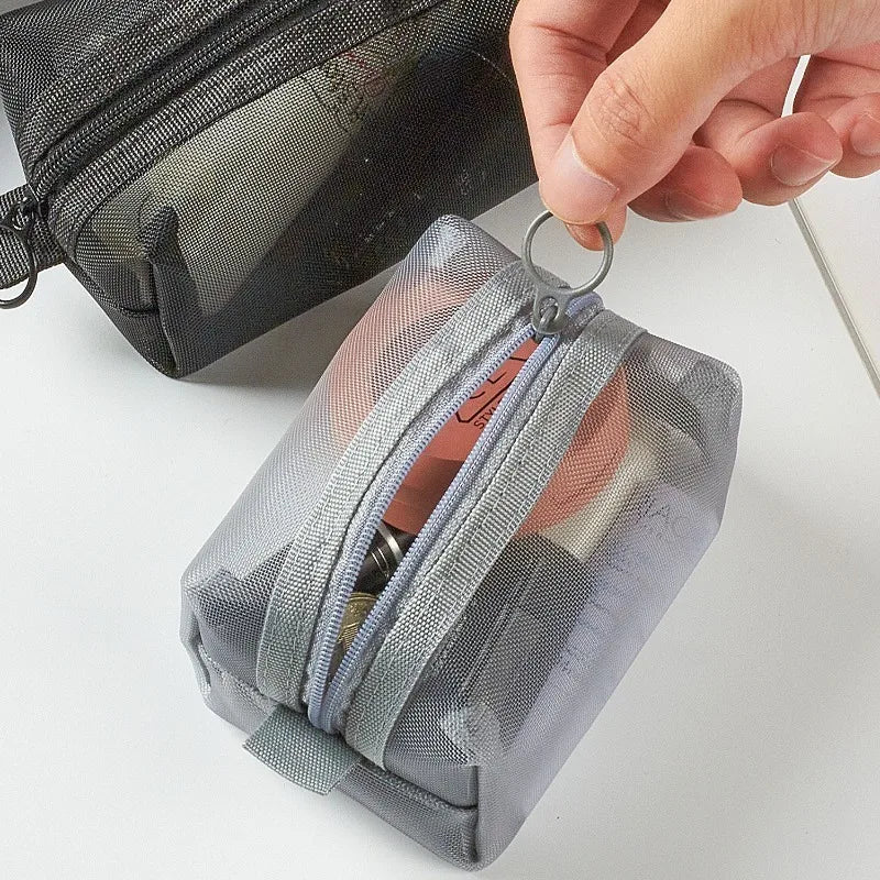 1pc Multifunctional Square Nylon Mesh Storage Bags Travel Portable Urltra-Light Mini Wash Bags Mini Zipper Coin Purse