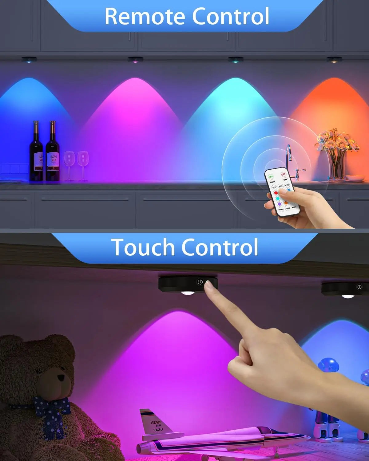 Luz de disco RGB recarregável WILLED com controle remoto Luzes de bateria de 1200mAh, toque regulável sob a luz noturna de iluminação do armário